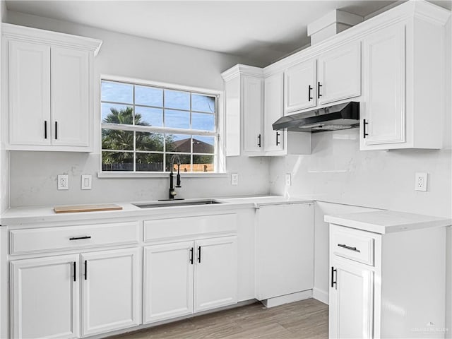 kitchen featuring white cabinets, light hardwood / wood-style flooring, and sink