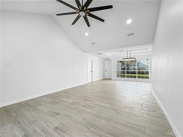 unfurnished living room with light hardwood / wood-style floors, ceiling fan, and lofted ceiling