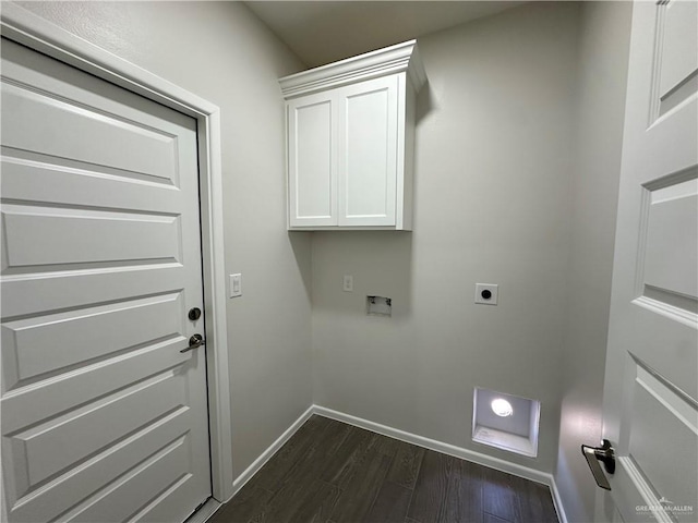 clothes washing area with washer hookup, dark wood finished floors, cabinet space, baseboards, and hookup for an electric dryer