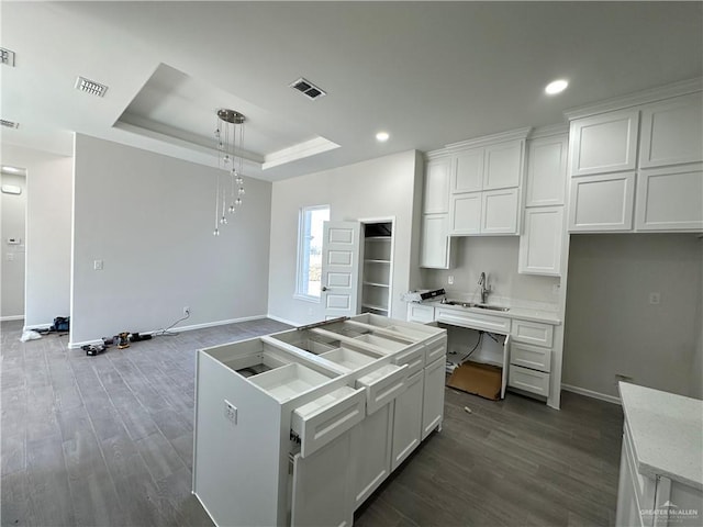 kitchen featuring visible vents, a center island, dark wood-type flooring, a tray ceiling, and white cabinets