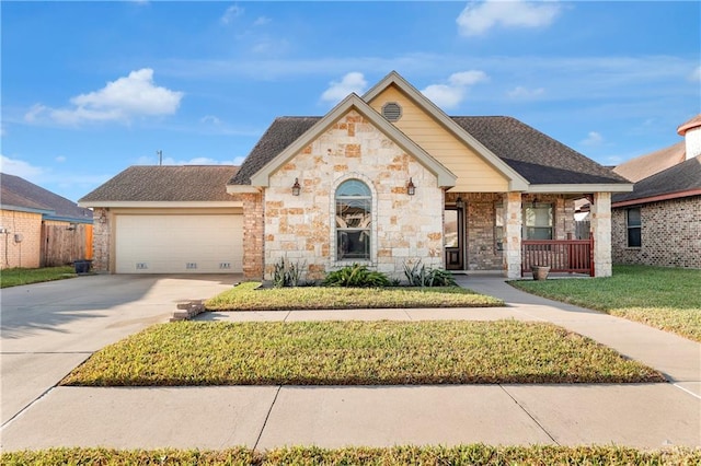 view of front of property featuring a front yard, a porch, and a garage