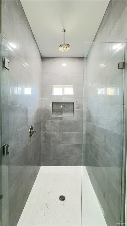 bathroom featuring a shower with shower door