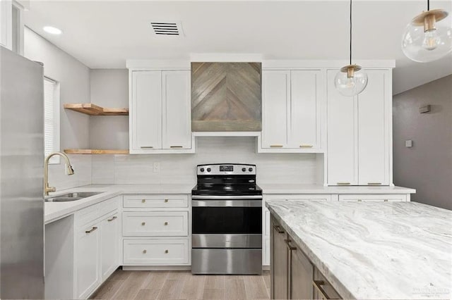 kitchen featuring white cabinetry, sink, hanging light fixtures, stainless steel appliances, and light stone countertops