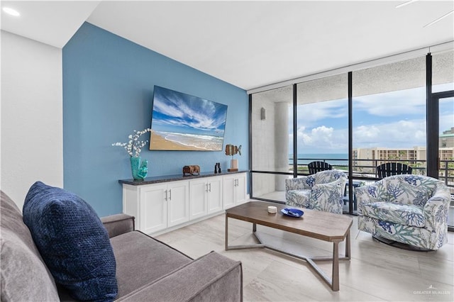 living room with a wall of windows and a healthy amount of sunlight