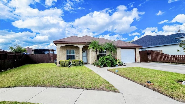 ranch-style house featuring a garage and a front lawn