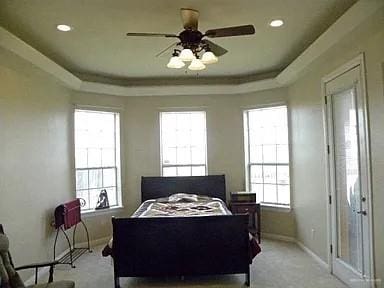 carpeted bedroom with a raised ceiling and ceiling fan