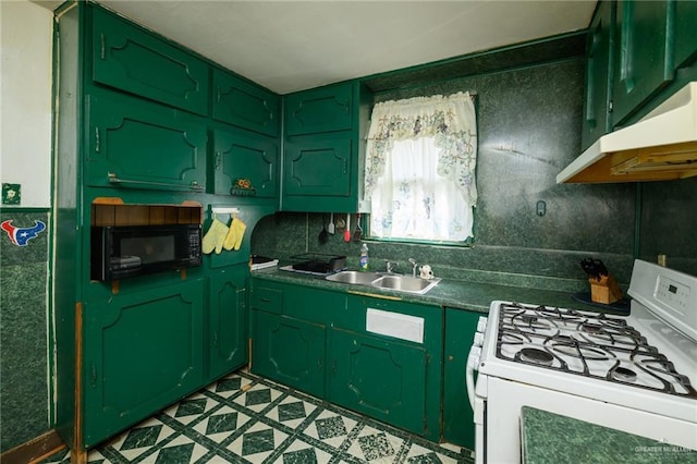 912 W Pierce Ave, Harlingen, TX 78550 - kitchen with gas range gas stove, green cabinetry, a sink, and dark countertops