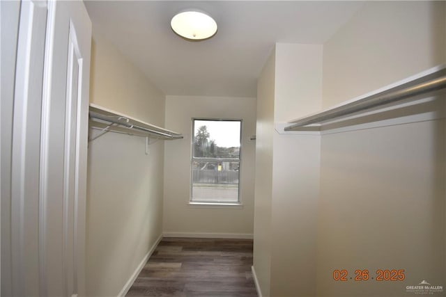 walk in closet with wood finished floors