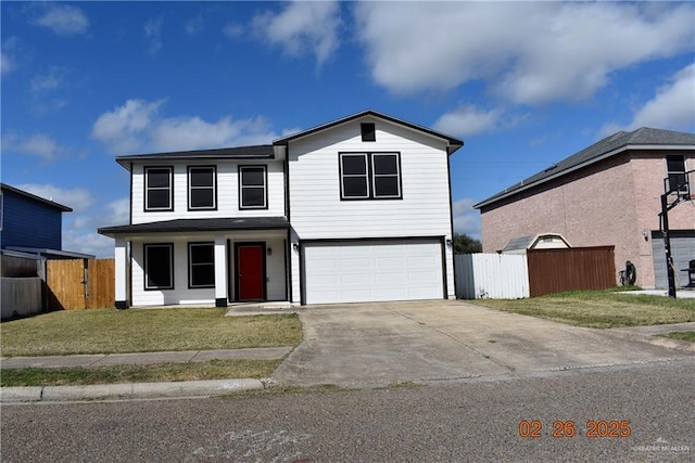 view of front of property with an attached garage, concrete driveway, a front lawn, and fence