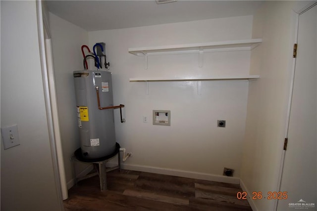 laundry area featuring water heater, laundry area, hookup for a washing machine, wood finished floors, and hookup for an electric dryer