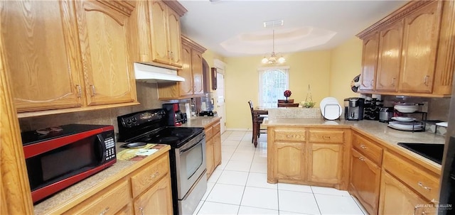 kitchen featuring sink, electric range, light tile patterned floors, decorative light fixtures, and a chandelier