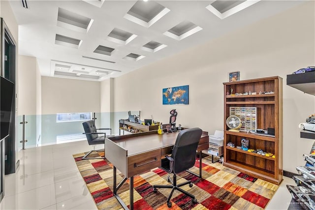 office with beam ceiling, coffered ceiling, baseboards, and light tile patterned floors