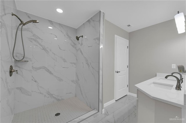 full bath with vanity, recessed lighting, marble finish floor, a marble finish shower, and baseboards