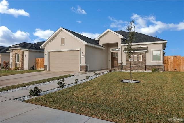 view of front of property featuring a front yard, concrete driveway, an attached garage, and stucco siding