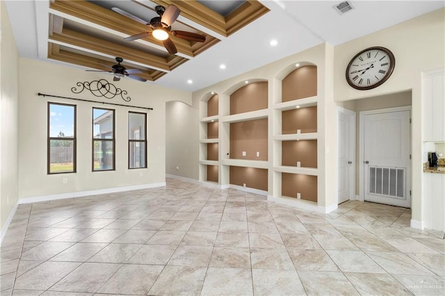 2601 Moreno Sr, Edinburg, TX 78541 - empty room with built in features, coffered ceiling, a ceiling fan, baseboards, and beam ceiling