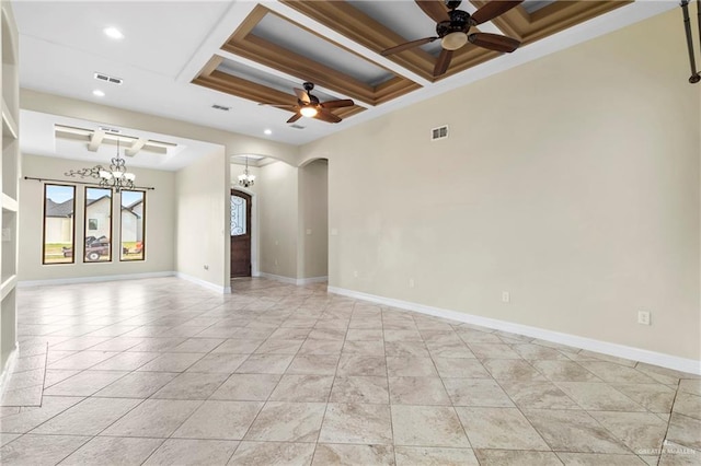 2601 Moreno Sr, Edinburg, TX 78541 - empty room featuring coffered ceiling, a chandelier, a ceiling fan, recessed lighting, and arched walkways