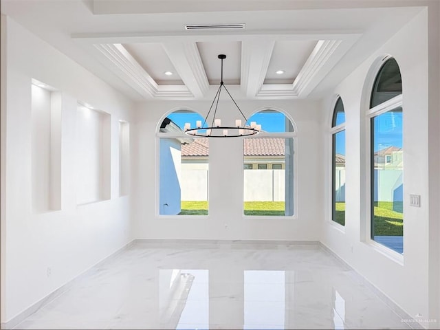 unfurnished dining area with a chandelier, recessed lighting, coffered ceiling, marble finish floor, and beamed ceiling