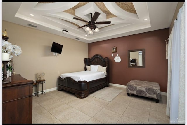 1336 Loretta Lynn Dr, Edinburg, TX 78541 - bedroom with a tray ceiling, recessed lighting, light tile patterned flooring, and ceiling fan