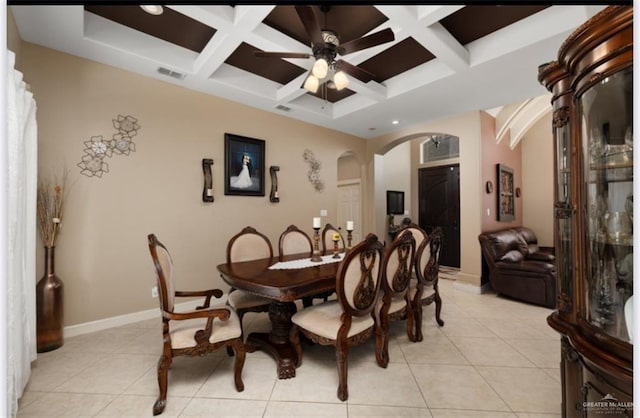 1336 Loretta Lynn Dr, Edinburg, TX 78541 - dining space with arched walkways, coffered ceiling, ceiling fan, light tile patterned flooring, and beam ceiling