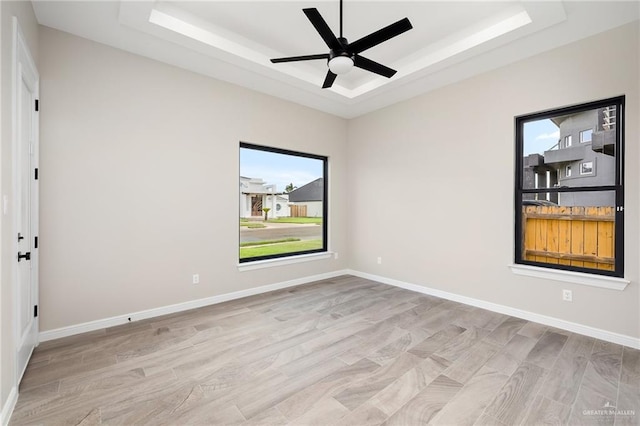 empty room featuring plenty of natural light, a raised ceiling, and light wood-type flooring