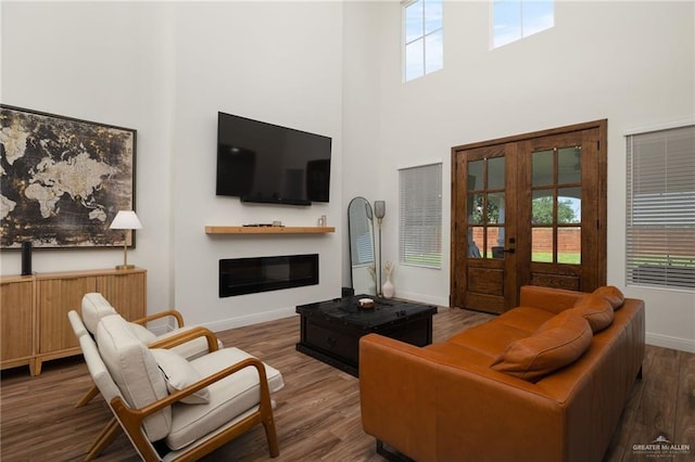 3101 E Iverson Ave, Edinburg, TX 78542 - living area featuring a towering ceiling, healthy amount of natural light, wood finished floors, baseboards, and a glass covered fireplace