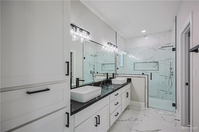 8038 N 51st St, Mcallen, TX 78504 - full bath featuring a marble finish shower, marble tiled flooring, double vanity, and recessed lighting