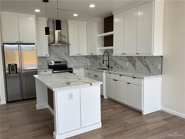 3503 Emma Dr, Weslaco, TX 78596 - kitchen with stainless steel refrigerator with ice dispenser, wall chimney exhaust hood, range with electric stovetop, a sink, and open shelves