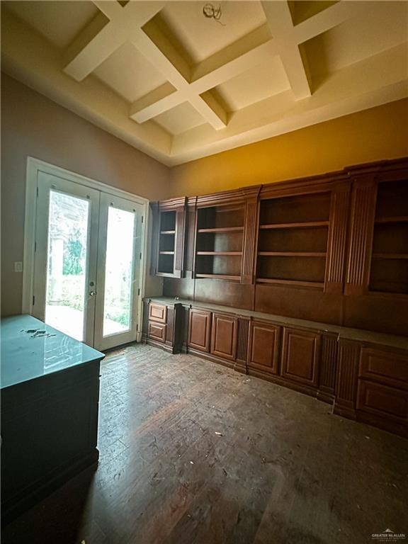 kitchen featuring beam ceiling, french doors, and coffered ceiling