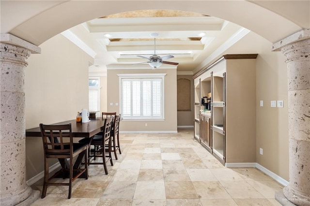 dining area with ornamental molding, ceiling fan, and ornate columns