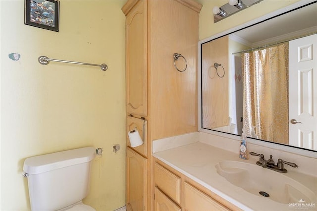 bathroom featuring toilet, ornamental molding, and vanity