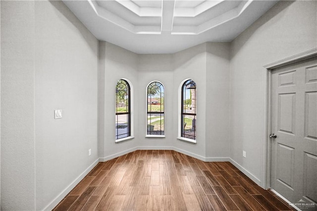 unfurnished room with baseboards, a tray ceiling, and dark wood-style floors