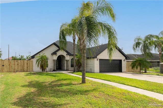 single story home featuring a garage and a front lawn