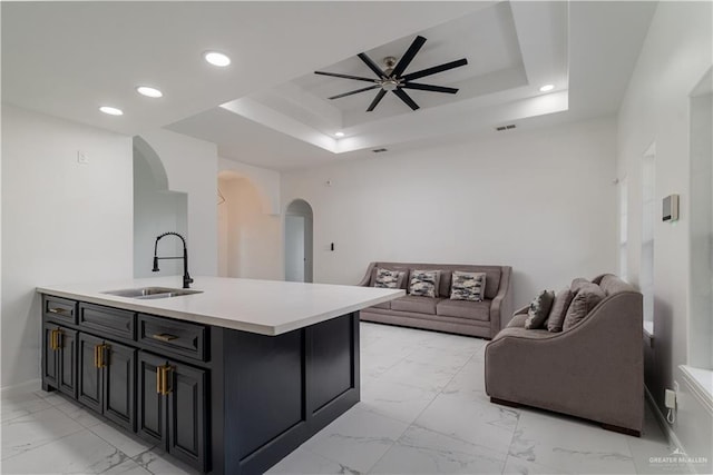 kitchen with a raised ceiling, ceiling fan, and sink