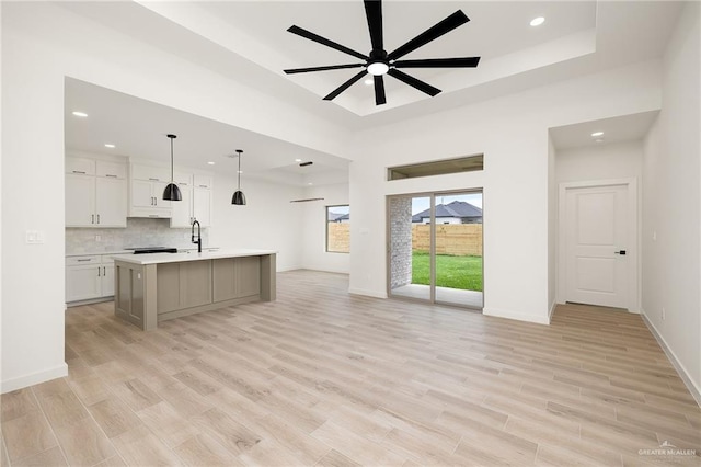 3508 E Kidd Ave, Edinburg, TX 78542 - kitchen featuring open floor plan, a tray ceiling, recessed lighting, light wood-style floors, and light countertops