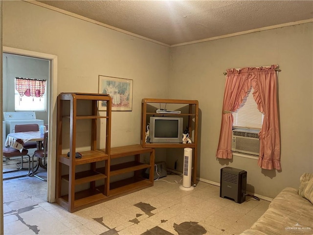 misc room featuring crown molding and a textured ceiling