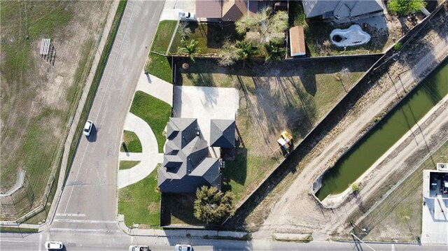 bird's eye view with a water view