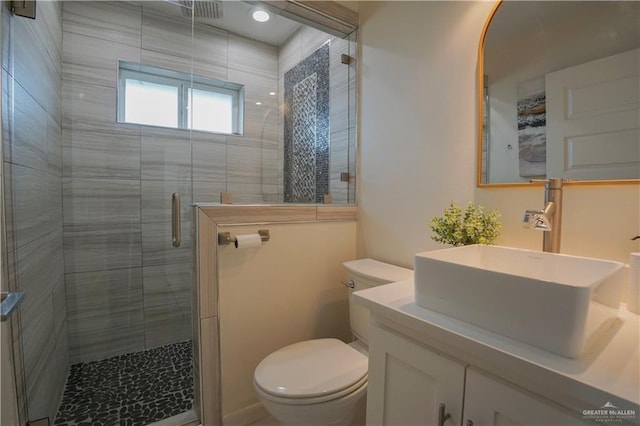 bathroom with a shower stall, toilet, and vanity