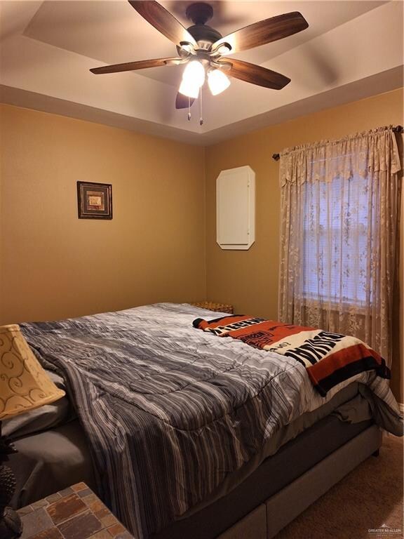 bedroom featuring ceiling fan and a raised ceiling