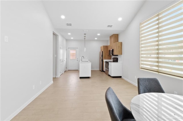 dining room with sink and light hardwood / wood-style flooring