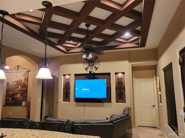 home theater with beamed ceiling, light colored carpet, coffered ceiling, and a ceiling fan