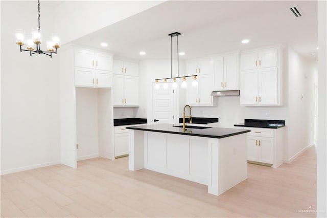 2221 N Woody St, Edinburg, TX 78541 - kitchen with dark countertops, under cabinet range hood, light wood-style floors, white cabinets, and recessed lighting