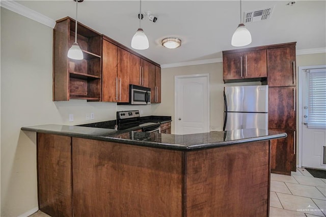 3008 S M St Unit 4, Mcallen, TX 78503 - kitchen with stainless steel appliances, open shelves, a peninsula, crown molding, and pendant lighting