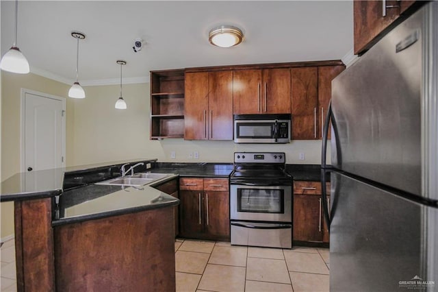 3008 S M St Unit 4, Mcallen, TX 78503 - kitchen with appliances with stainless steel finishes, dark countertops, a sink, open shelves, and light tile patterned floors