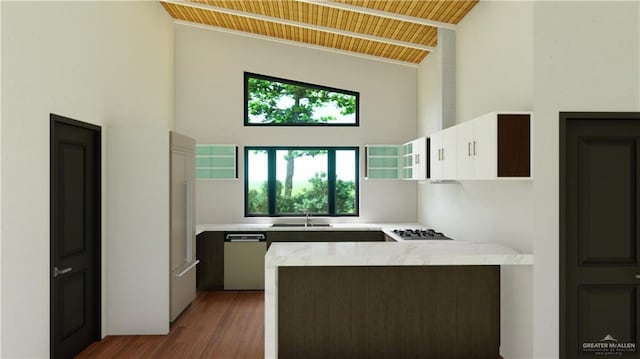 3 Washmon Ave, Harlingen, TX 78552 - kitchen featuring dark brown cabinetry, stainless steel appliances, light hardwood / wood-style flooring, wooden ceiling, and white cabinets