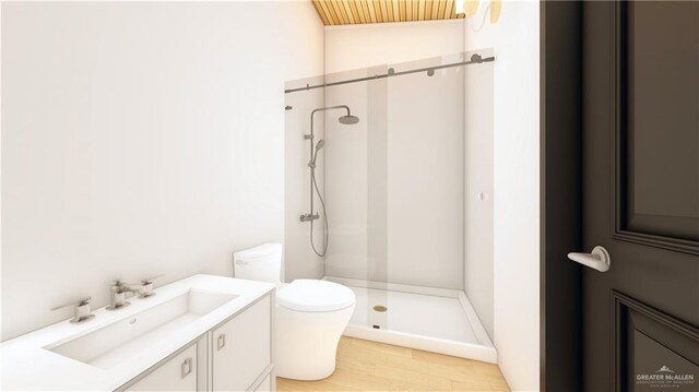 3 Washmon Ave, Harlingen, TX 78552 - bathroom with hardwood / wood-style floors, vanity, toilet, and a shower with door