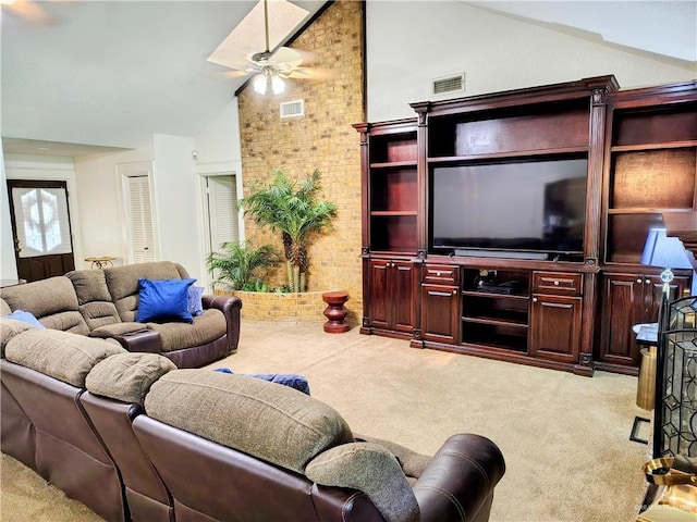 702 Clifford Dr, Weslaco, TX 78596 - living room featuring carpet floors, ceiling fan, and high vaulted ceiling