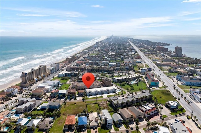 bird's eye view featuring a beach view and a water view