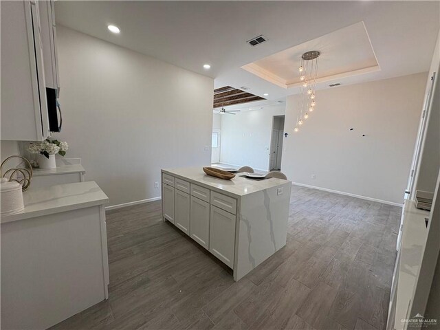 kitchen with dark wood-style floors, a tray ceiling, visible vents, and open floor plan