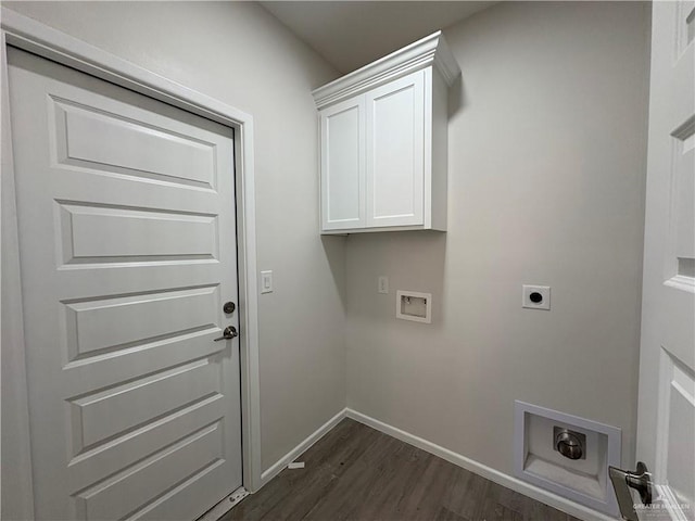 laundry area with washer hookup, baseboards, dark wood-type flooring, electric dryer hookup, and cabinet space