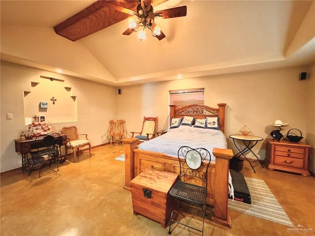 bedroom featuring ceiling fan and lofted ceiling